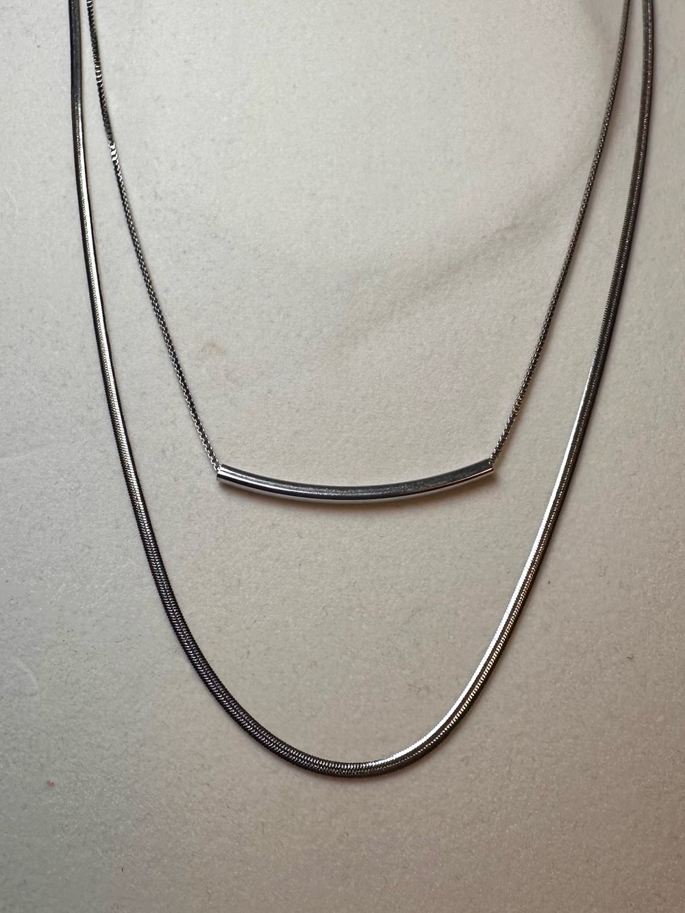 New Elements Silver Tone Layered Necklace Thin Herringbone Curved Bar NWOT